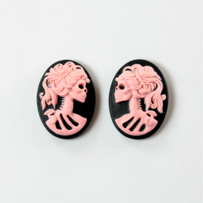 Plastic Cameo - Skeleton, Lolita Oval 18x13MM PINK ON BLACK