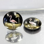 Glass Crystal Painting with Carved Intaglio Flamingo Round 18MM  PINK on BLACK