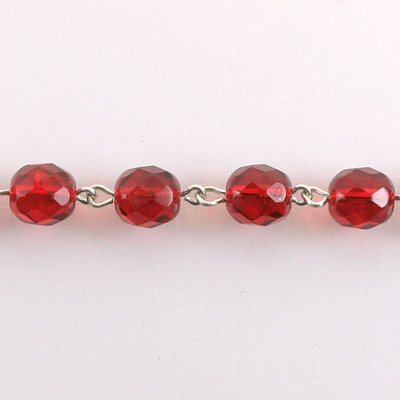 Linked Bead Chain Rosary Style with Glass Fire Polish Bead - Round 8MM RUBY-SILVER