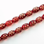 Czech Pressed Glass Engraved Bead - Oval 09x7MM GOLD ON RUBY