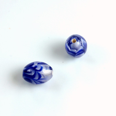 Glass Lampwork Bead - Oval Smooth 12x9MM PATTERN BLUE CRYSTAL