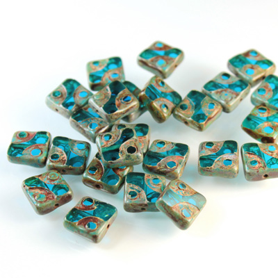Czech Glass Fire Polish Bead Cut & Engraved Window 10x10MM AQUA with DIFFUSION COATING