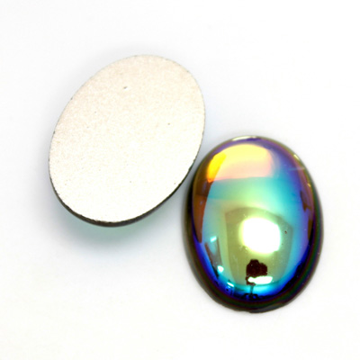 Glass Medium Dome Foiled Cabochon - Coated Oval 25x18MM BLACK DIAMOND AB