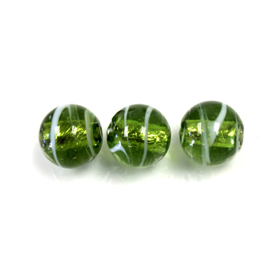 Czech Glass Lampwork Bead - Round 10MM OLIVENE WHITE SWIRL SILVER LINE 50447