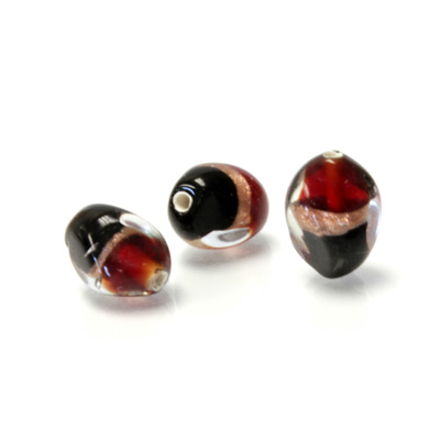 Glass Lampwork Bead - Irregular 12x9MM BLACK RED with GOLDSTONE