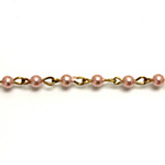 Linked Bead Chain Rosary Style with Glass Pearl Bead - Round 4MM LT PINK-Brass