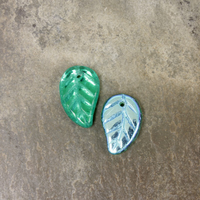 Czech Pressed Glass Engraved Pendant - Leaf 14x9MM EMERALD AB