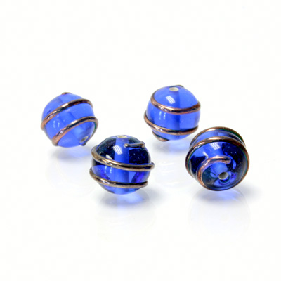 Czech Glass Lampwork Bead - Round 10MM COPPER WRAP COBALT