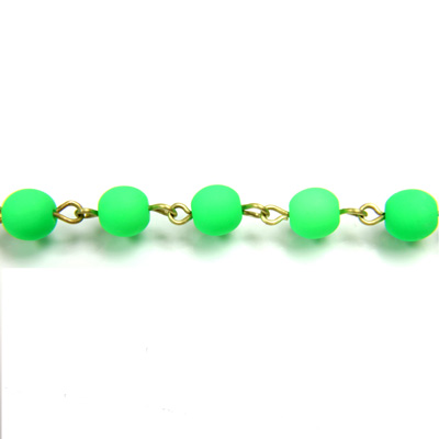 Linked Bead Chain Rosary Style with Glass Pressed Bead - Round 6MM MATTE NEON GREEN-Brass