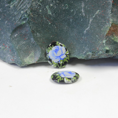 Japanese Glass Porcelain Decal Painting - Rose Oval 10x8MM BLUE ON JET