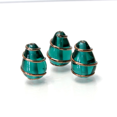Czech Glass Lampwork Bead - Pear 15x10MM COPPER WRAP EMERALD