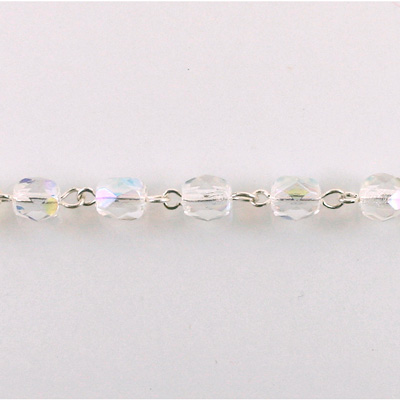 Linked Bead Chain Rosary Style with Glass Fire Polish Bead - Round 6MM CRYSTAL AB-SILVER