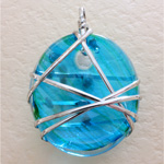 Glass Lampwork Wire-Wrapped Pendant - Oval 50x45MM AQUA SILVER