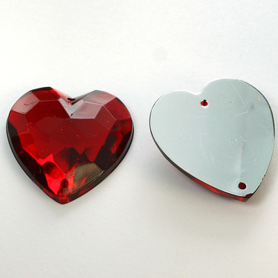 Plastic Flat Back 2-Hole Foiled Sew-On Stone - Heart 25MM RUBY