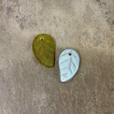 Czech Pressed Glass Engraved Pendant - Leaf 14x9MM MATTE OLIVINE AB