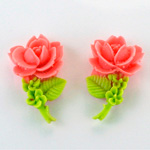 Plastic Carved No-Hole Flower - Rose with Branch (L&R) 23x13MM PINK with GREEN