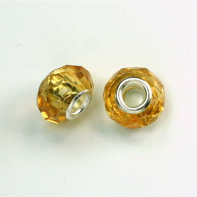 Glass Faceted Bead with Large Hole Silver Plated Center - Round 14x9MM TOPAZ