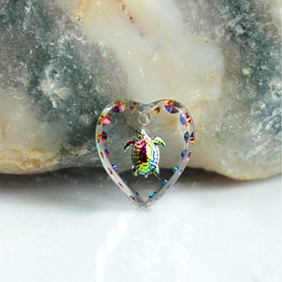 German Glass Engraved Buff Top Intaglio Pendant - TURTLE Heart 12x11MM CRYSTAL HELIO RED