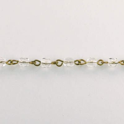 Linked Bead Chain Rosary Style with Glass Fire Polish Bead - Round 4MM CRYSTAL-Brass