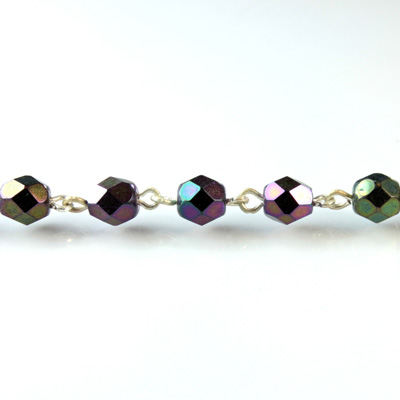 Linked Bead Chain Rosary Style with Glass Fire Polish Bead - Round 6MM IRIS PURPLE-SILVER