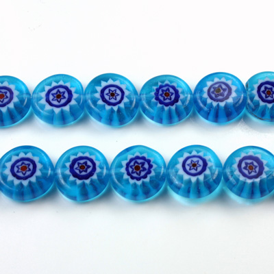Glass Millefiori Bead - Flat Round 10x4MM AQUA BLUE RED WHITE(06)