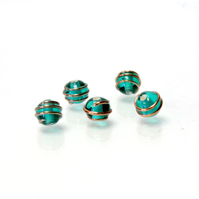 Czech Glass Lampwork Bead - Round 06MM COPPER WRAP EMERALD