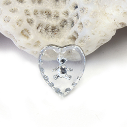 German Glass Engraved Buff Top Intaglio Pendant - TEDDY BEAR Heart 12x11MM CRYSTAL SILVER