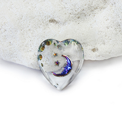 German Glass Engraved Buff Top Intaglio Pendant - MOON & STARS Heart 12x11MM CRYSTAL HELIO BLUE