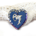 German Glass Engraved Buff Top Intaglio Pendant - DOLPHIN Heartshape 20x18MM SILVER HELIO BLUE
