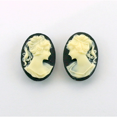 Plastic Cameo - Woman with Ponytail Oval 18x13MM IVORY ON BLACK