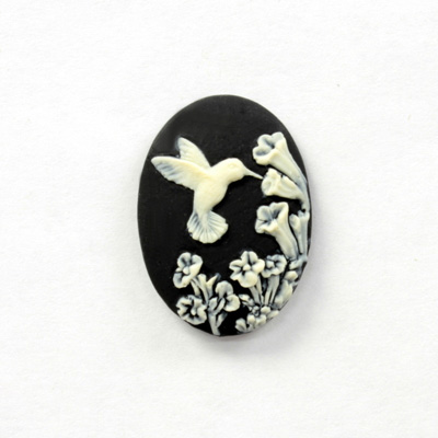 Plastic Cameo - HuMMingbird with Flowers Oval 25x18MM IVORY on BLACK