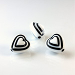 Plastic Casino Style Bead - Hearts 12MM BLACK on WHITE