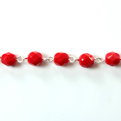 Linked Bead Chain Rosary Style with Glass Fire Polish Bead - Round 6MM RED-SILVER