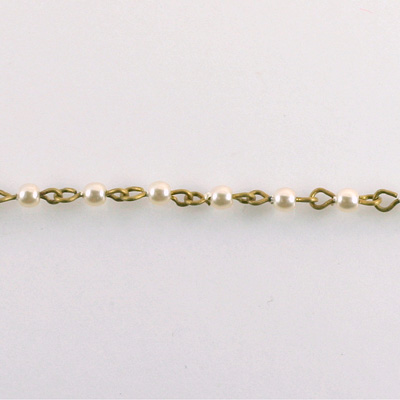Linked Bead Chain Rosary Style with Glass Pearl Bead - Round 3MM CREME-Brass