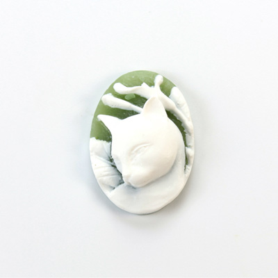 Plastic Cameo - Cat Oval 25x18MM WHITE ON OLIVE GREEN