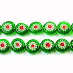 Glass Millefiori Bead - Flat Round 10x4MM GREEN WHITE RED (10)