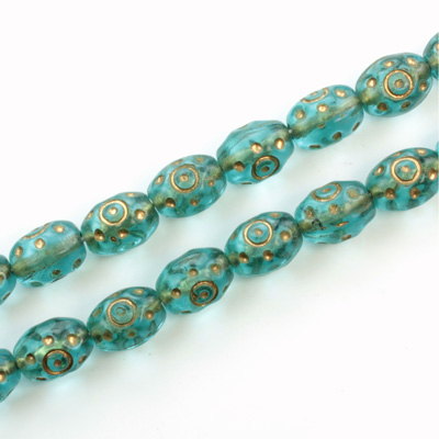 Czech Pressed Glass Engraved Bead - Oval 09x7MM GOLD ON AQUA