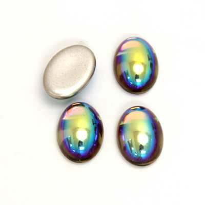 Glass Medium Dome Foiled Cabochon - Coated Oval 14x10MM BLACK DIAMOND AB