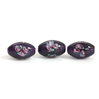 Czech Glass Lampwork Bead - Oval Smooth 12x8MM Flower PINK ON PURPLE (20886)