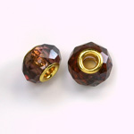 Glass Faceted Bead with Large Hole Gold Plated Center - Round 14x9MM AMETHYST