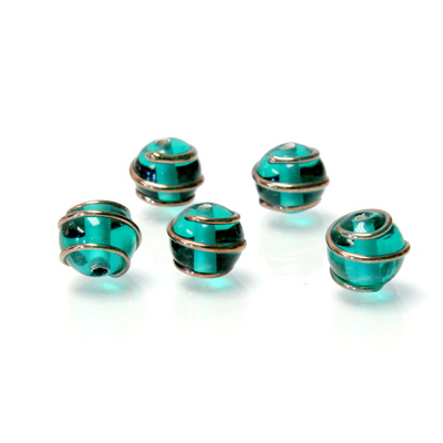 Czech Glass Lampwork Bead - Round 08MM COPPER WRAP EMERALD