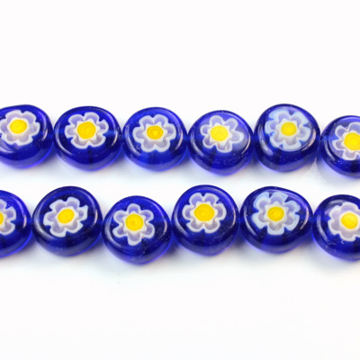 Glass Millefiori Bead - Flat Round 10x4MM BLUE WHITE YELLOW (20)