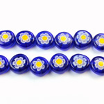 Glass Millefiori Bead - Flat Round 10x4MM BLUE WHITE YELLOW (20)