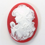 Plastic Cameo - Woman with Lace Oval 40x30MM WHITE ON RED