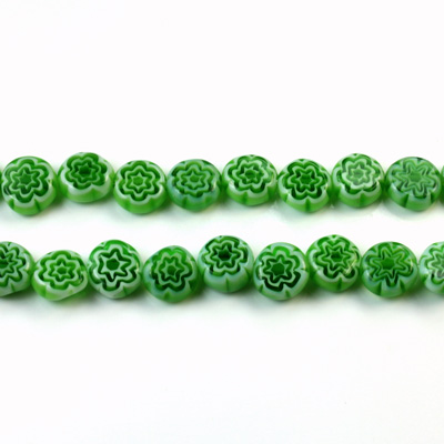 Glass Millefiori Bead - Flat Round 06x3MM GREEN WHITE EMERALD (24)