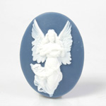 Plastic Cameo - Fairy with Wreath Oval 40x30MM WHITE ON ROYAL BLUE