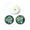 Japanese Glass Porcelain Decal Painting - Flowers Round 13mm WHITE on GREEN with Button Back