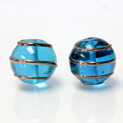 Czech Glass Lampwork Bead - Round 18MM COPPER WRAP AQUA