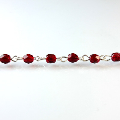 Linked Bead Chain Rosary Style with Glass Fire Polish Bead - Round 4MM GARNET-SILVER