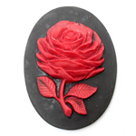 Plastic Cameo - Rose Flower Oval 40x30MM RED ON BLACK